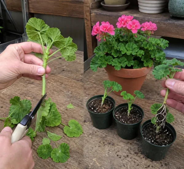 Before and after pruning a leggy geranium and rooting healthy cuttings