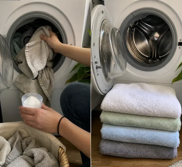 Stiff dull towels before a fresh fluffy stack afterward