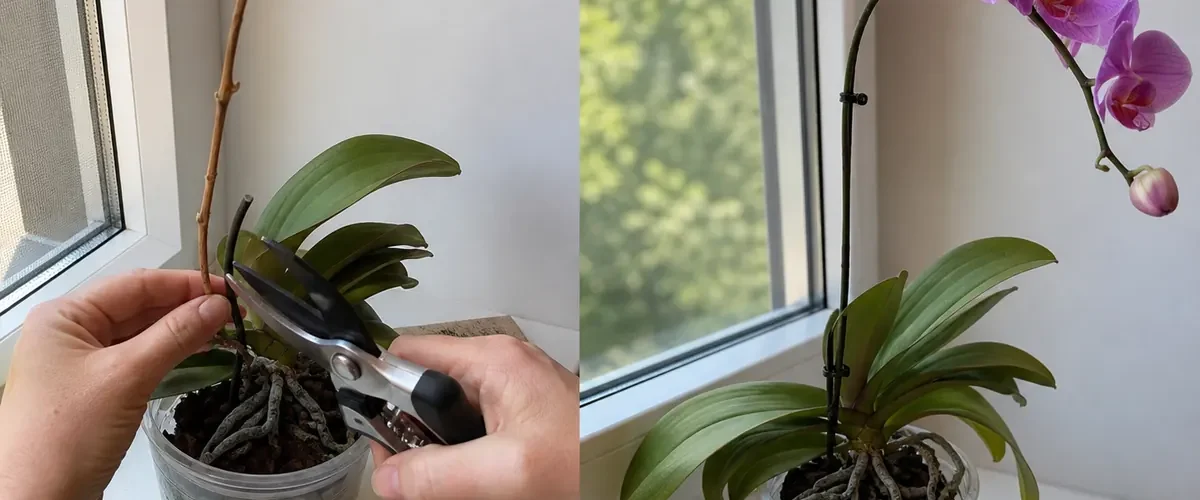 Bare post-bloom orchid before a fresh flower spike and blooms afterward