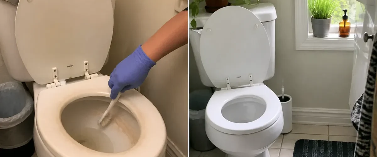Toilet mineral ring before a bright smooth porcelain bowl afterward