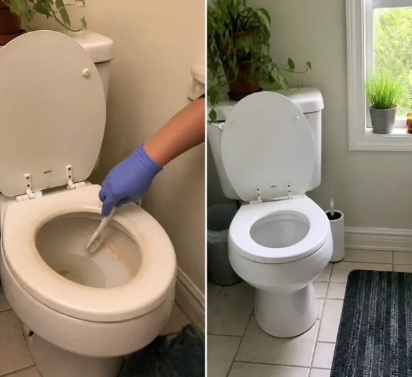 Toilet mineral ring before a bright smooth porcelain bowl afterward