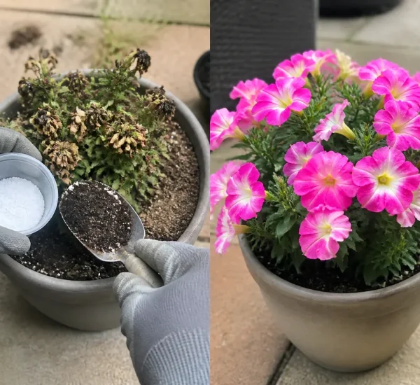 Magnesium-deficient leaves before greener growth and normal flowers afterward