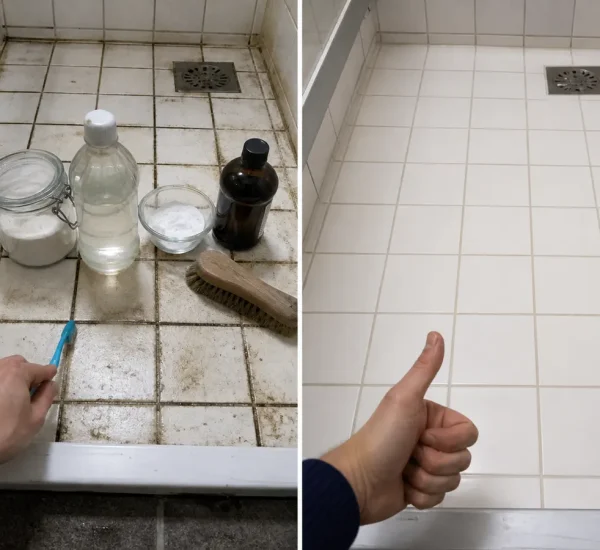 Black grout with abrasive cleaner mix before and intact clean grout afterward
