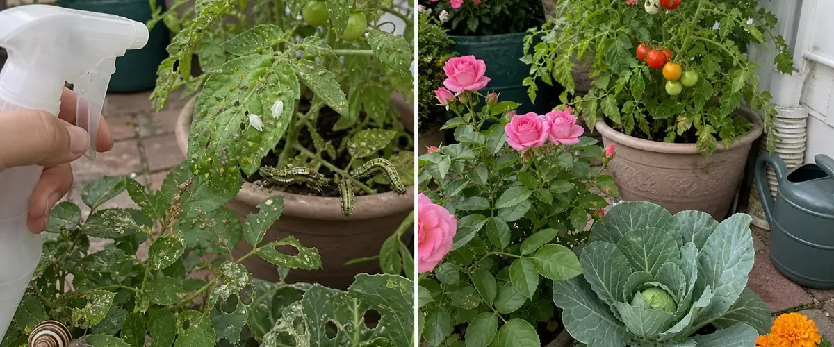 Four visible garden pests before healthy protected plants afterward
