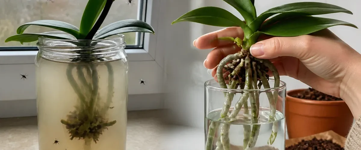Overfilled orchid water pot before healthy roots and flowers afterward