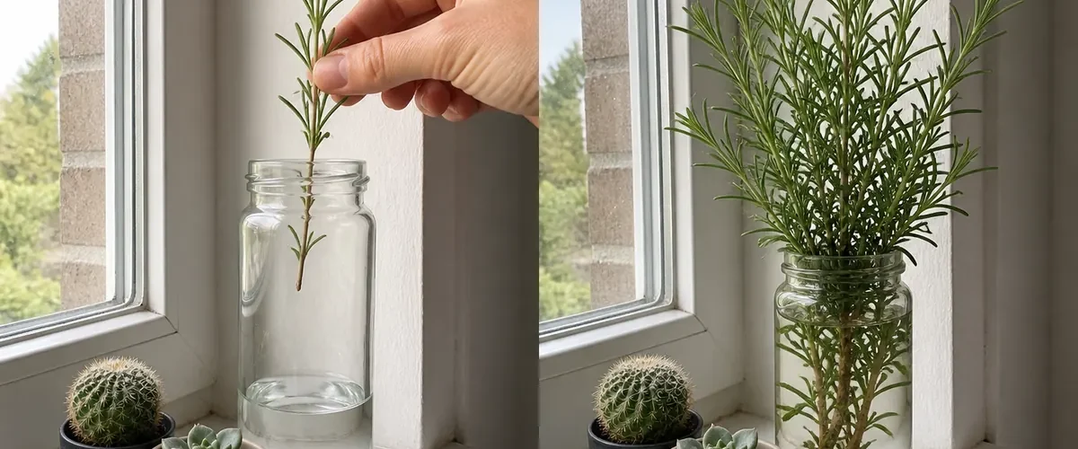 Fresh rosemary cuttings before rooted vigorous young herb plants afterward