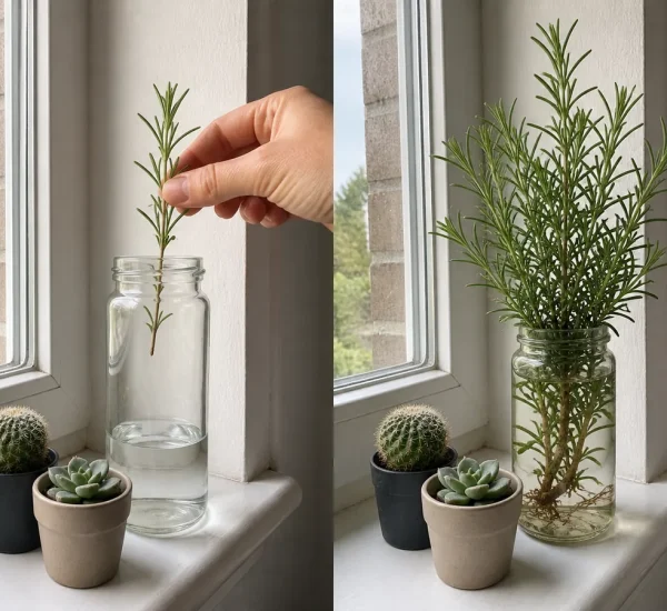 Fresh rosemary cuttings before rooted vigorous young herb plants afterward