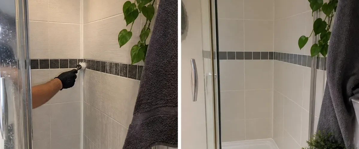 Dark grout test area before bright clean tile lines afterward