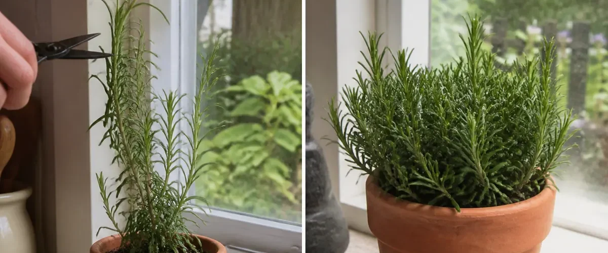 Leggy rosemary stems before a compact fragrant branching canopy afterward