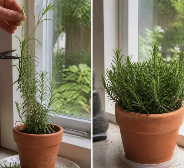 Leggy rosemary stems before a compact fragrant branching canopy afterward