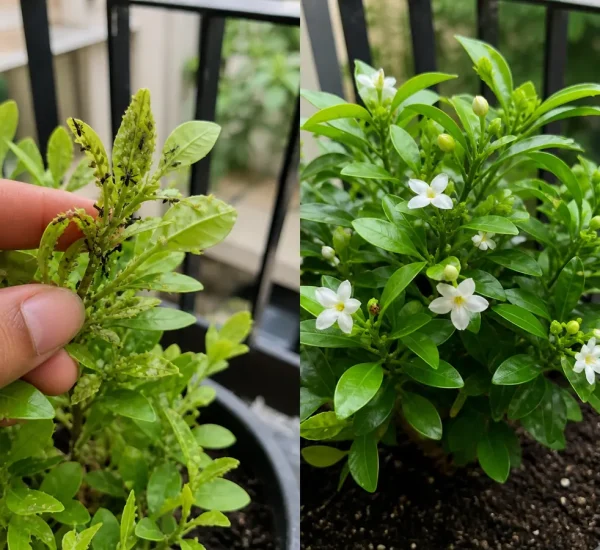 Visible aphids and ants before clean vigorous plant growth afterward
