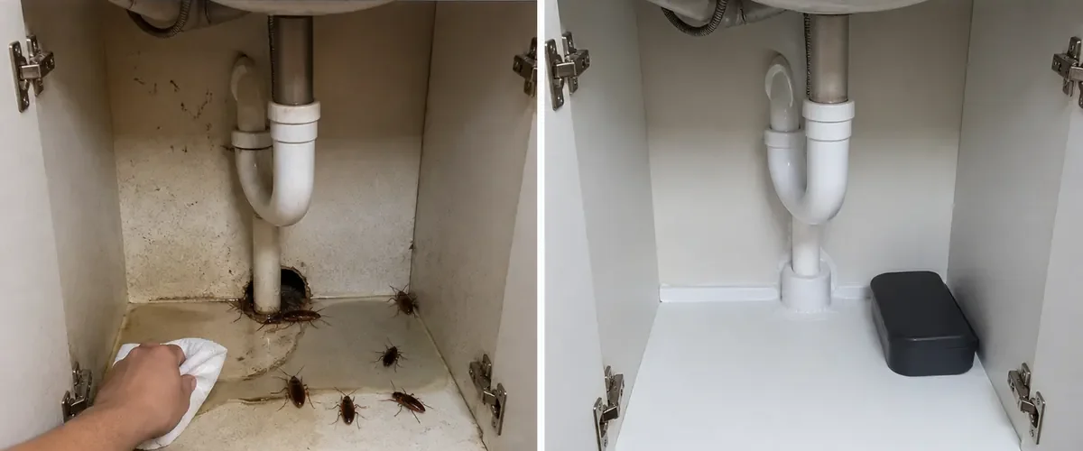 Visible bathroom cockroaches before a dry sealed room afterward