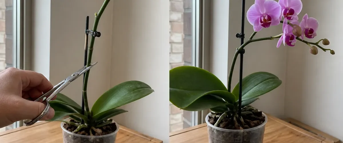 Spent orchid spike and clean node cut before a new flower branch afterward