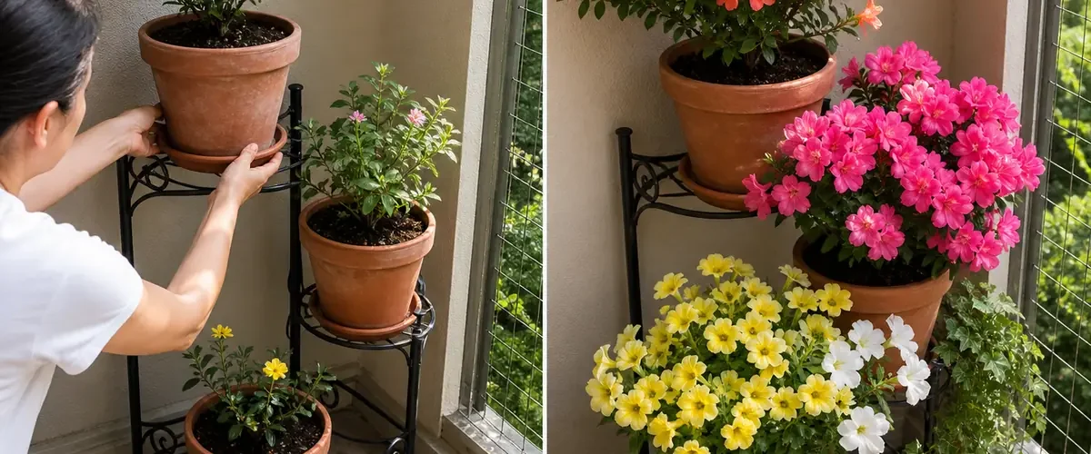 Sparse flowering pots before healthy species-appropriate blooms afterward