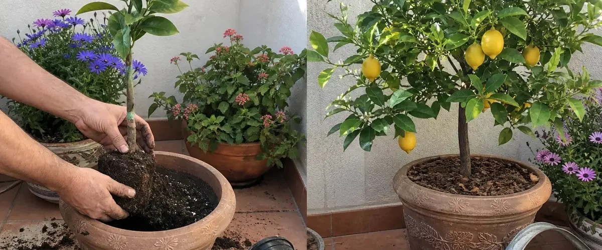 Young potted lemon before a ripe fruiting container tree afterward
