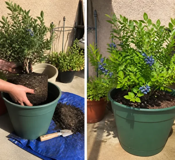 Cramped blueberry bush before a large acidic pot and ripe berries afterward