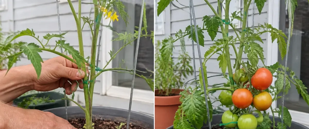 Dropped tomato blossoms before a fuller swelling fruit cluster afterward