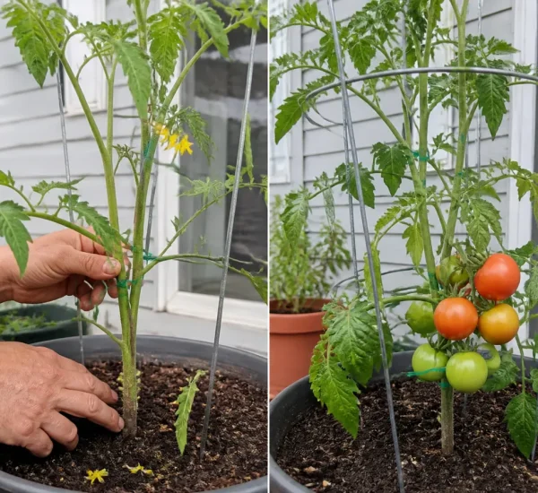 Dropped tomato blossoms before a fuller swelling fruit cluster afterward