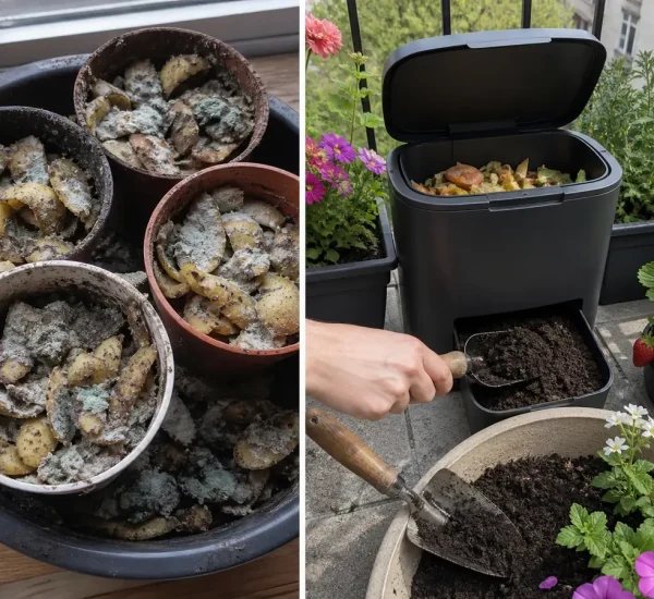 Fresh potato peels before dark mature garden compost afterward