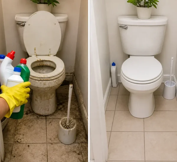 A stained toilet with incompatible closed cleaners before and a clean bowl after safer cleaning