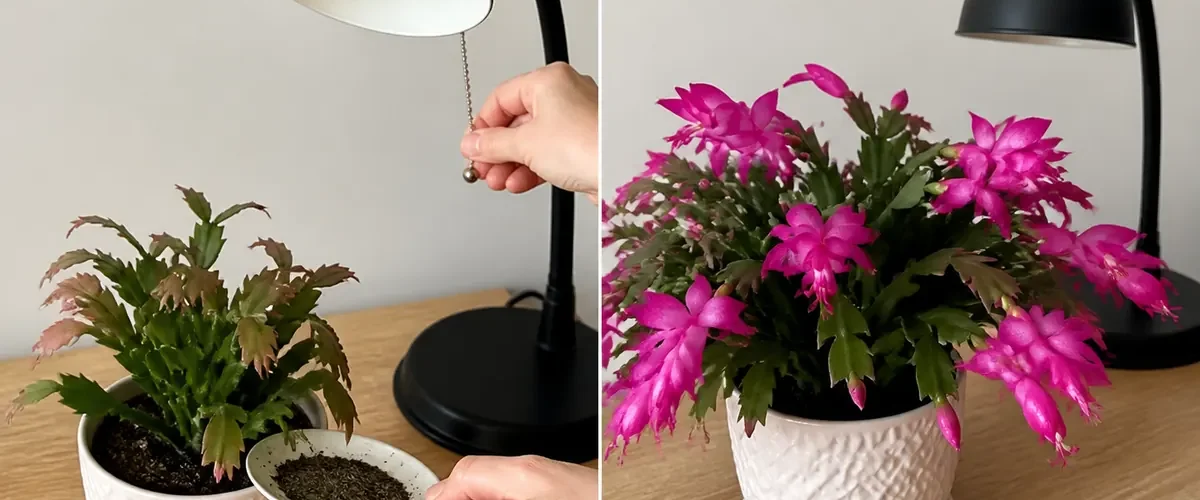 Bloomless Christmas cactus near an evening lamp before seasonal flowers afterward