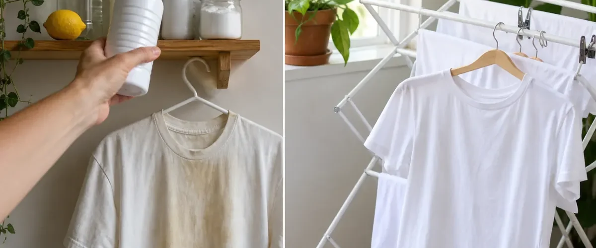 Yellowed white garment before a brighter bleach-free wash result afterward