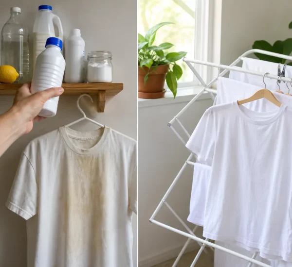 Yellowed white garment before a brighter bleach-free wash result afterward