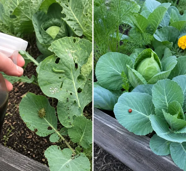 Four visible garden pests before clean leaves and beneficial insects afterward