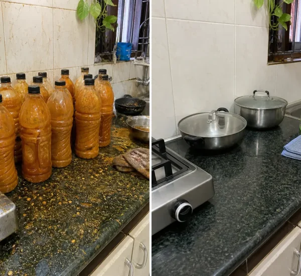 Salty orange degreaser mixture before and safely cleaned cookware afterward