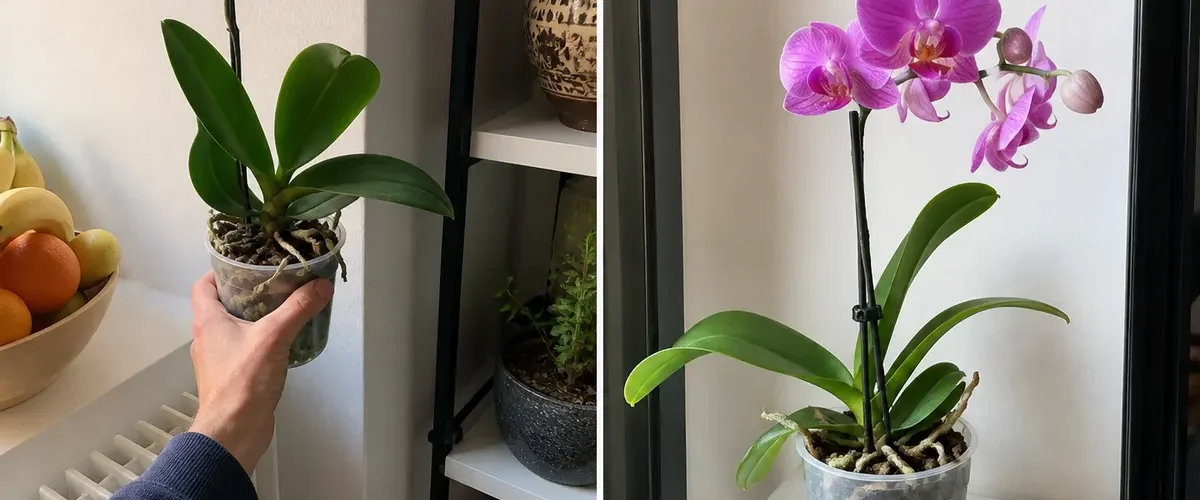 Fading orchid display before longer-lasting open flowers afterward