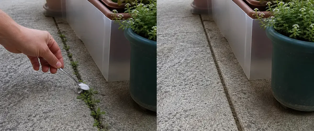 Isolated pavement weeds before a clear crack and healthy pots afterward