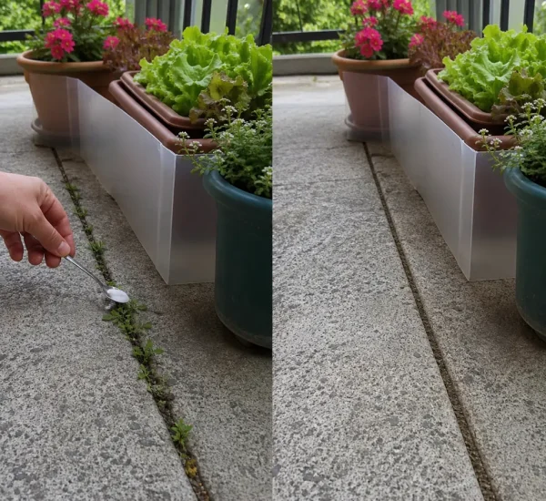 Isolated pavement weeds before a clear crack and healthy pots afterward