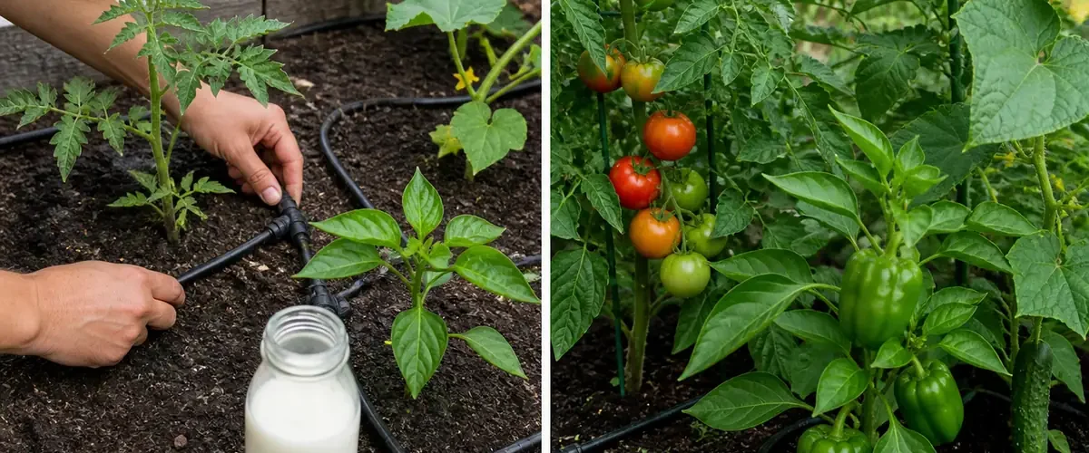 Sparse summer vegetable rows before a healthy marketable harvest afterward