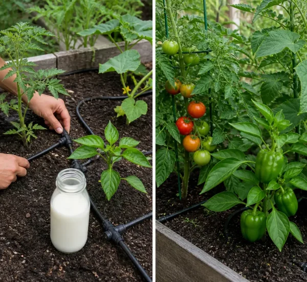 Sparse summer vegetable rows before a healthy marketable harvest afterward