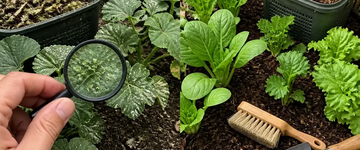Diagnosed garden problems before healthy leaves soil and compost afterward