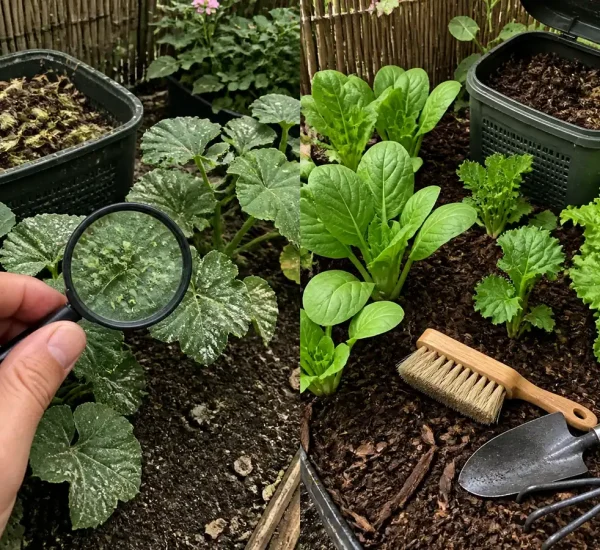Diagnosed garden problems before healthy leaves soil and compost afterward