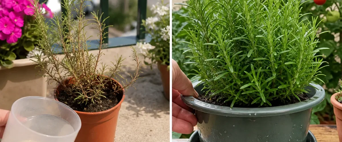 Dryback on potted rosemary before dense green harvestable growth afterward