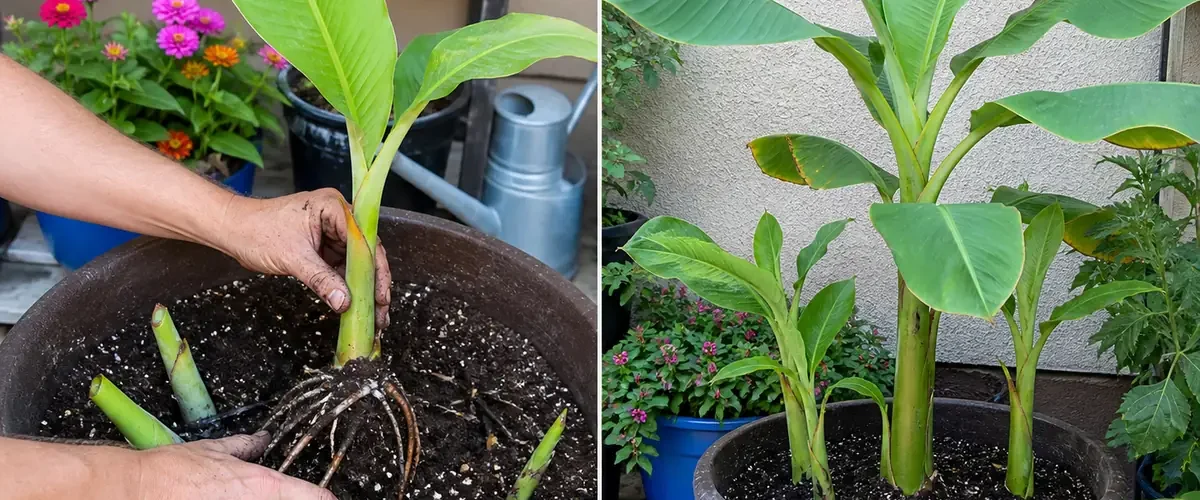 Clean banana sword sucker before a managed three-stem mat afterward