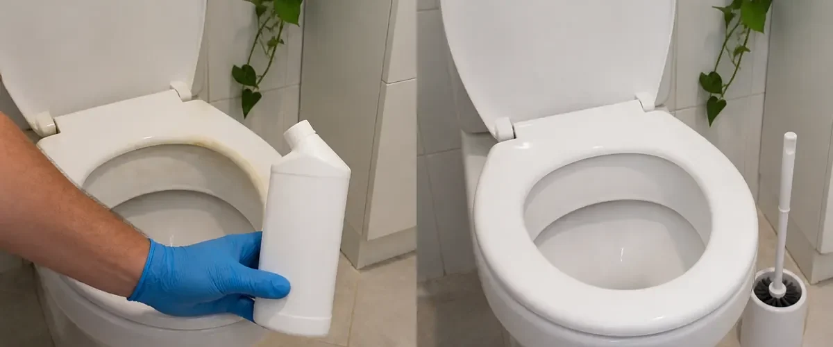 Yellow toilet limescale ring before clean porcelain afterward