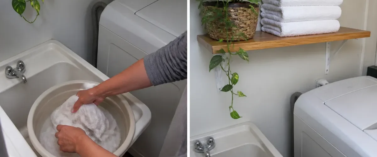 Stiff cotton towels soaking in a basin before softer clean towels afterward