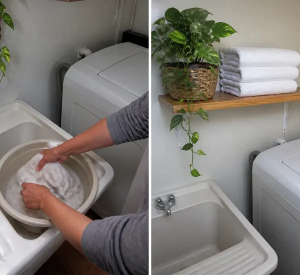 Stiff cotton towels soaking in a basin before softer clean towels afterward