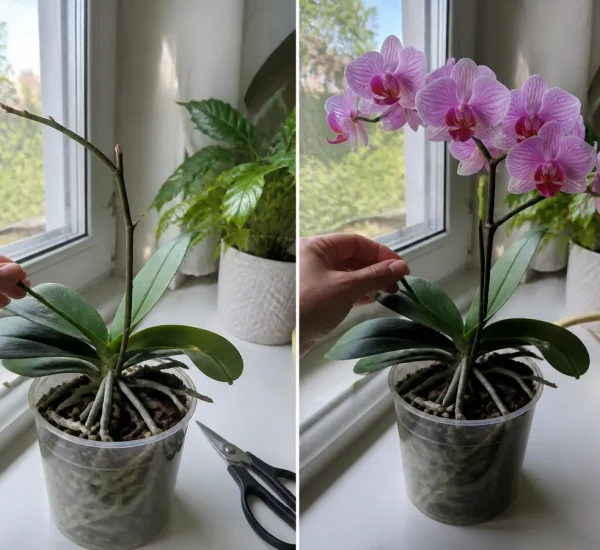 Finished orchid flower spike before and healthy natural rebloom afterward