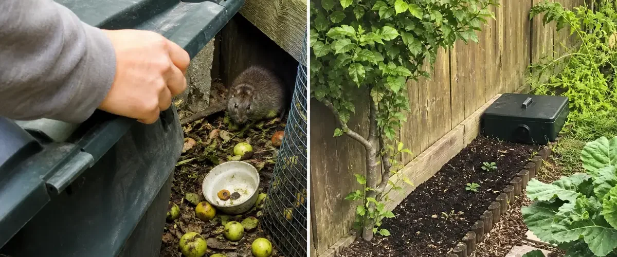 Visible garden rat and open food source before a secured clean garden afterward
