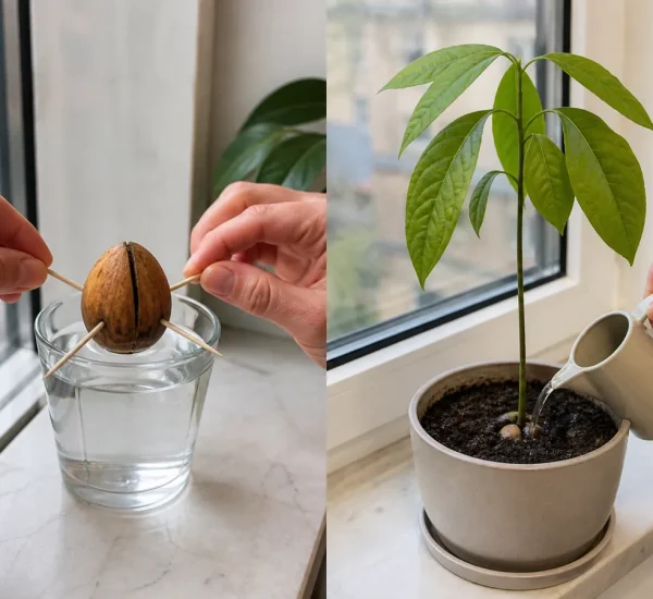 An avocado pit before sprouting and a healthy young avocado tree
