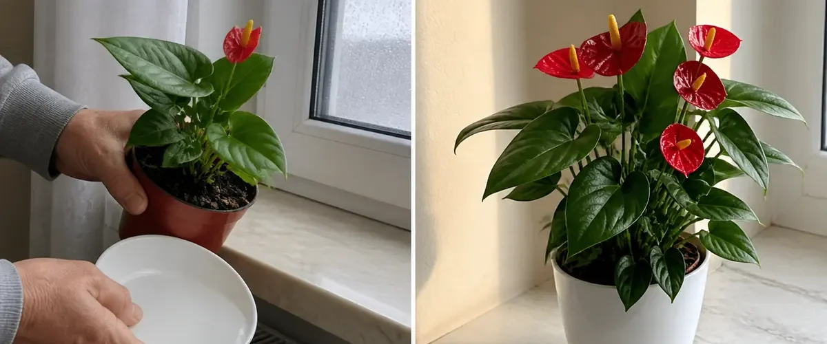 Bloomless anthurium in a dark wet corner before vivid red spathes afterward