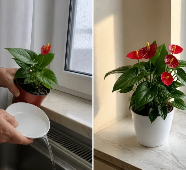 Bloomless anthurium in a dark wet corner before vivid red spathes afterward