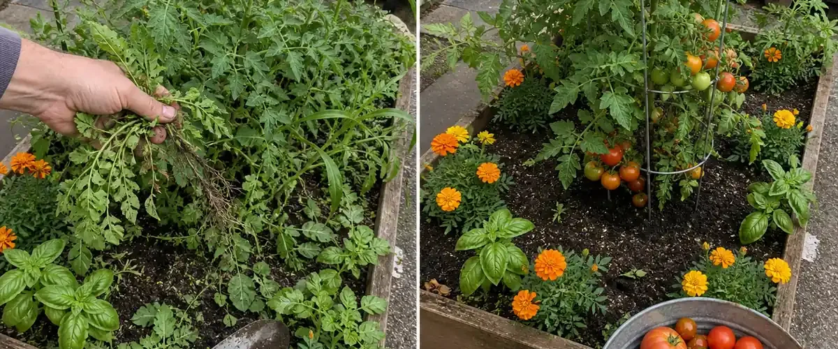 Tomato pest pressure before an airy basil and marigold border afterward