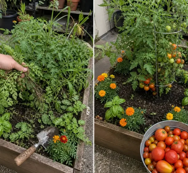 Tomato pest pressure before an airy basil and marigold border afterward