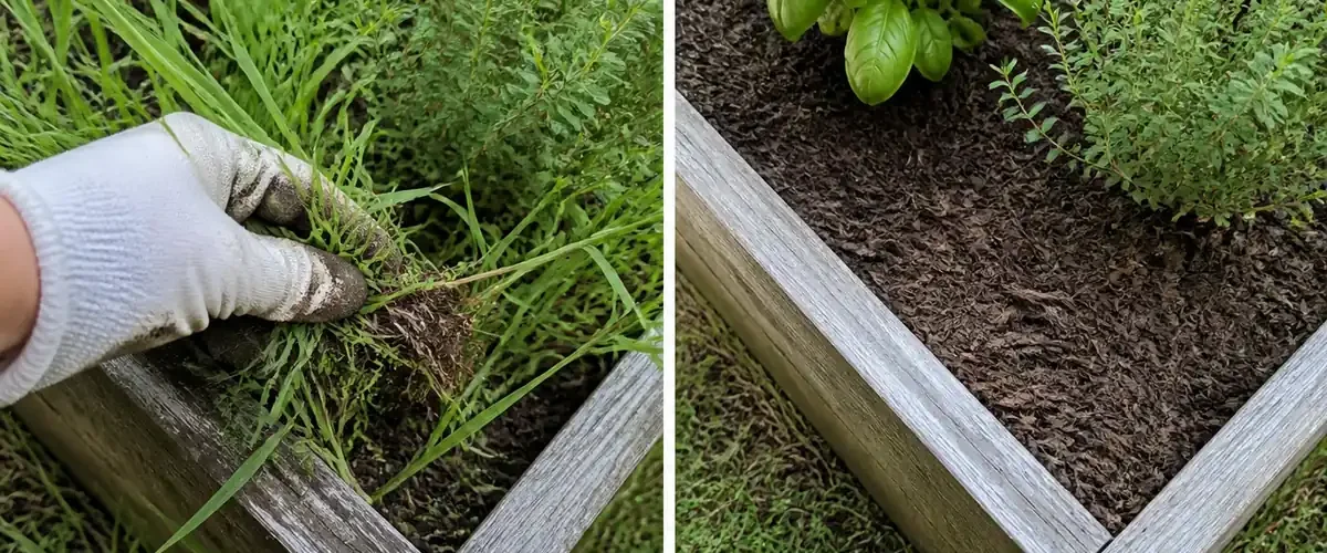 Clinging goose grass before a clean mulched vegetable bed afterward