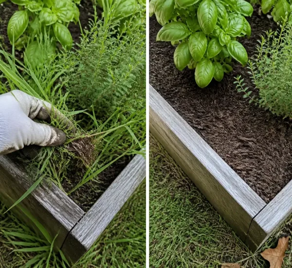 Clinging goose grass before a clean mulched vegetable bed afterward